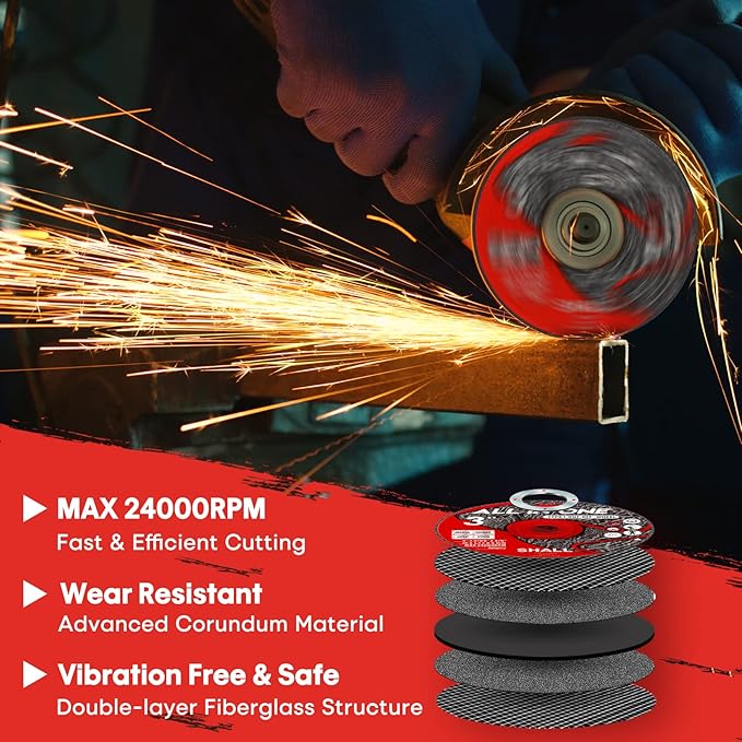 SHALL 25-Pack Cut Off Wheels 3” x 3/8” x 3/64” - Ultra Thin Cutting Wheel with Pouch for Angle Grinder & Cut-Off Tools - Fast Cutting Disc for INOX, Steel, Iron, Non-Ferrous Metal & PVC
