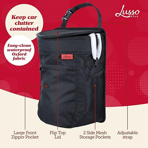 Lusso Gear Spill-Proof Car Trash Can - 2.5-Gallon Black Round - Leak-Proof Lid & Waterproof Removable Liner - Hanging Car Trash Bin & Organizer for SUV, Truck & Minivan