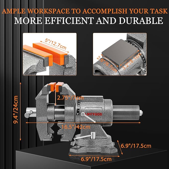Bench Vise, 5inch Width 5inch Jaw Opening, 360° Swivel Base, Multipurpose Heavy Duty Workbench Vise with Anvil and 1 Pair Vise Jaw Pad, Table Vise Clamp force 5500LBS