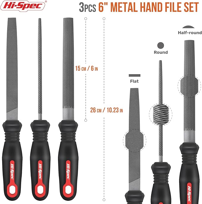Hi-Spec 3pc Metal Hand File Tool Set Kit. Large Steel Files. Flat, Round & Half-Round for Crafts, Metal & Wood Work