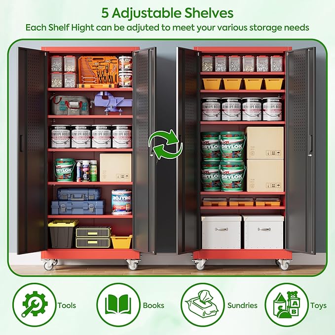 71" Metal Storage Cabinet with Wheels and Pegboard, Lockable Rolling Steel Storage Cabinet with 5 Adjustable Shelves and Door for Garage, Office, Kitchen, Assembly Required,Black and red