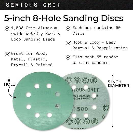 Sanding Discs 5 Inch 8 Hole 1500 Grit - Heavy-Duty Hook & Loop Wet Dry Film Sandpaper Discs - Ultra Fine Sand Paper for Random Orbital Sanders - Wood, Automotive, Epoxy, etc - 50 Pack Box