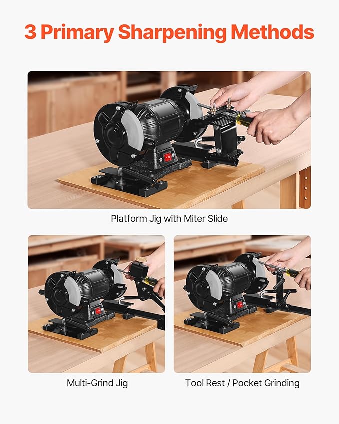 VEVOR Pro Grind Sharpening System, Multi-Grind Sharpening Jig for 6" & 8" Bench Grinder - with Platform Jig, Tool Rest Bar, Setup Block, Miter Slide, Micro Bevel Block, for Chisels Woodturning Tools