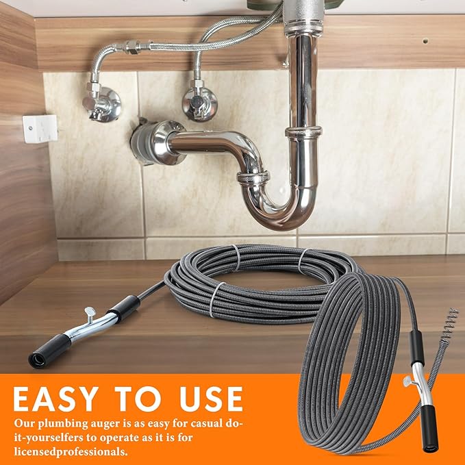 50 ft Drain Auger Plumbing Snake for Heavy Deep Blockages 3/8" Diameter Flexible Plumbing Cables Drain Snake for Kitchen Bathroom Shower Sink Cleaning Drainage Clogs