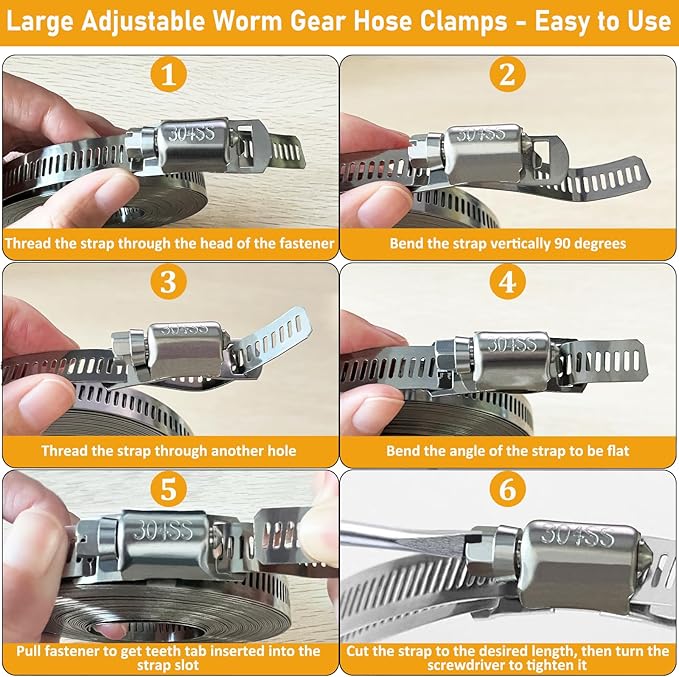 Hose Clamps Stainless Steel, Hose Clamp Assortment Kit, 32.81FT DIY Large Adjustable Worm Gear Metal Clamps Fuel Line Clamp with 40 Fasteners for Plumbing, Water Pipe, Radiator, Automotive, Mechanical