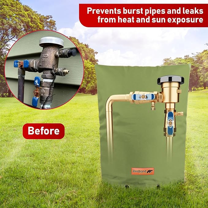 Redford Supply Co. Cold Snap (5°F) Backflow Preventer Insulation Cover, 20"W x 34"H, Pipe Insulation, Water Sprinkler Covers for Outside, Sprinkler Backflow Cover for Winter, Well Pump Bag (Green)
