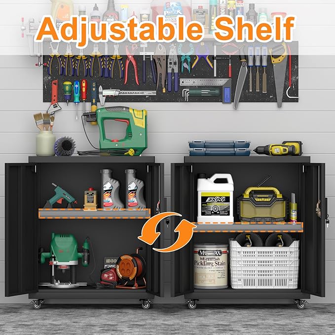 31.5''H Metal Storage Cabinets with Lock, Metal Garage Storage Cabinet on Wheels, Lockable Rolling Tool Chest Cabinet with Doors & Adjustable Shelves for Garage, Home, Office, Assembly Required