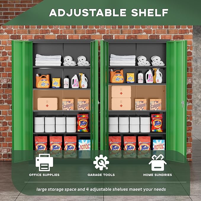 Greenvelly Metal Garage Storage Cabinet, 72" Black Green Tool Steel Locking Cabinet with Doors and 4 Shelves, Tall Cabinets for Garage Storage Systems Lockable File Cabinet for Home Office,Garage