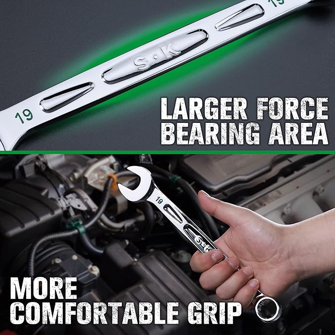 SK Combination Wrench Set, Metric 8 to 19mm, 12-Piece, SuperKrome Finish, Premium CR-V Construction, with Rolling Pouch