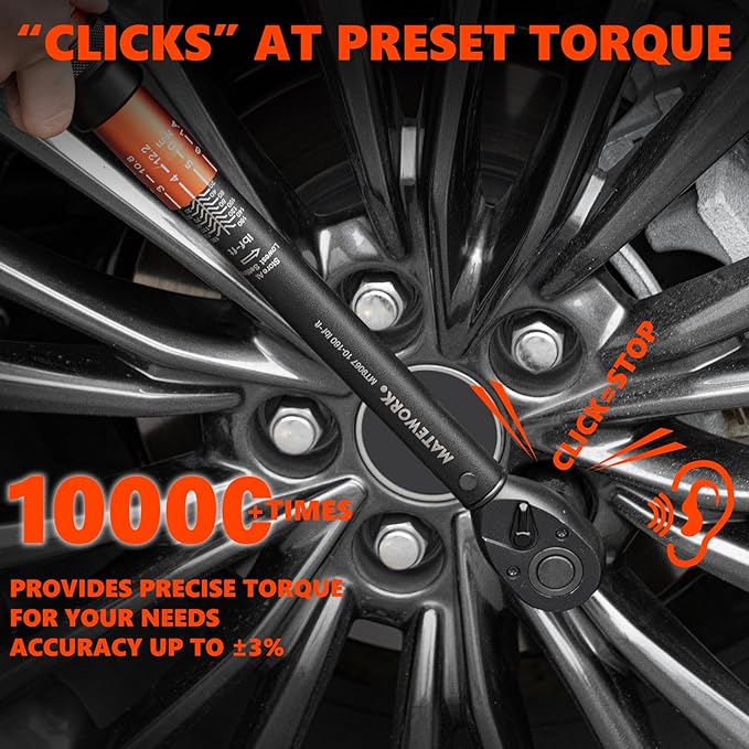 1/2 Inch Drive Click Torque Wrench, 10-160 ft.lb/10-227 Nm, ±3% High Precision Lug Nut Torque Wrench with 72 Tooth Dual-Direction for Moto, Wheel Tire and Car Repair