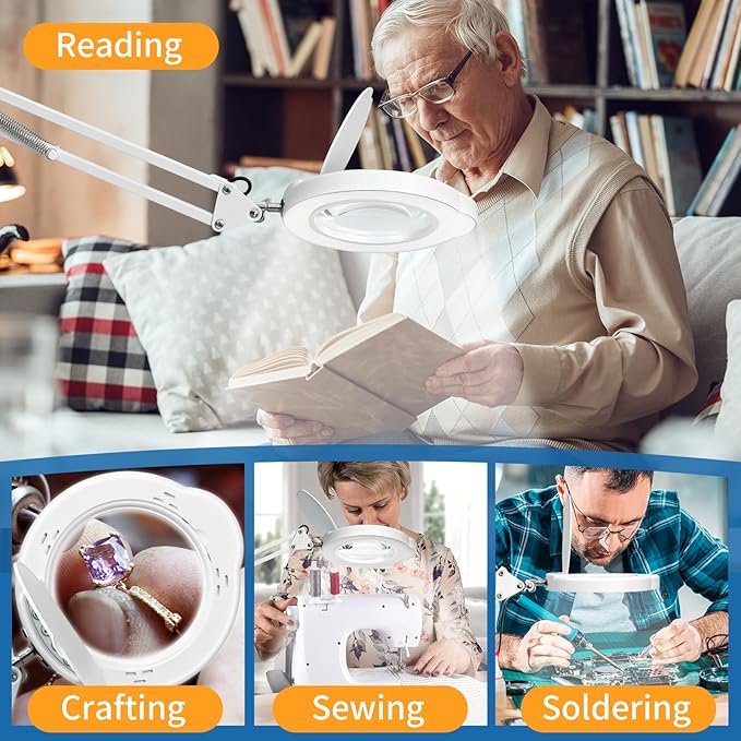 15x Magnifying Glass with Light and Clamp Stand - Long Arm Magnifying Lamp with Remote & Dust Cover - Hands-Free 5 Color Desktop LED Magnifier Lamp with Light for Reading, Crafts, Hobbies, Close Work