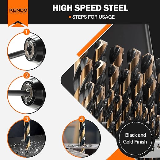 KENDO 29PC Drill Bit Set, 1/16"-1/2" Size 135° Tip HSS with Black and Gold Finish with Storage Case, Twist Jobber Length Drill Bit Kit for Cast Iron, Hardened Metal, Stainless Steel, Plastic and Wood