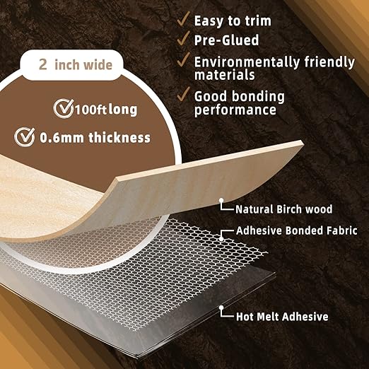 GSCIT Club Birch Edge Banding, 2 inch x 100ft roll of Veneer Edge Banding -Pre-glued Flexible, Real Wood Tape Banding for Cabinet Repair Furniture Restoration