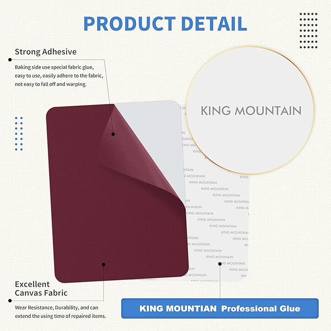 KING MOUNTAIN Canvas Repair Patch 5×8 Inch 8 Pcs Self-Adhesive Waterproof Fabric Patch for Sofas, Tents, Furniture,Tote Bags, Car Seats (Burgundy)
