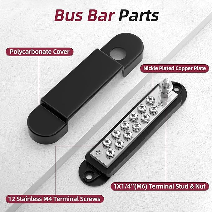 Marine Bus Bar 12V 150A Power Distribution Block 1/4" Stud & 12 x #8 Terminal Screws 12 Volt DC Ground Battery Bus Bar for Boat Automotive Solar Wiring