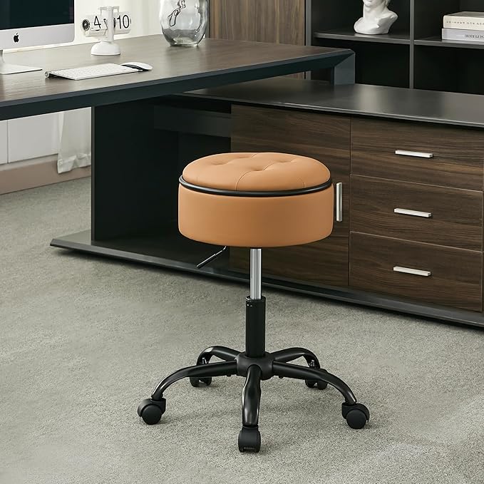 Drafting Chair with Wheels (Stool & Small Table in One) (Adjustable Office Chair 20.67"-24.61"), Caramel Brown Rolling Stool with Storage