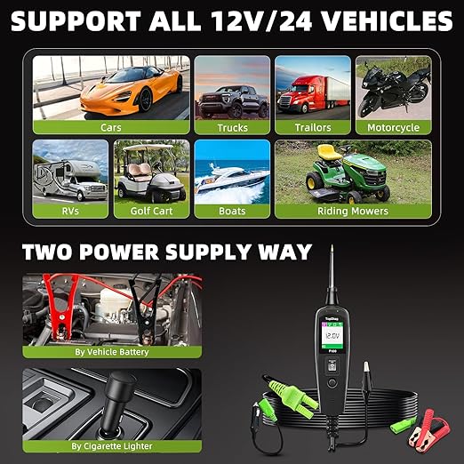 Power Circuit Probe Kit, Topdiag P100 Car Circuit Tester, 12-24V Automotive Electrical Tool, AC/DC Resistance Circuit Detector with 40FT Extension Cable, Trailer Truck Voltage Current Detector
