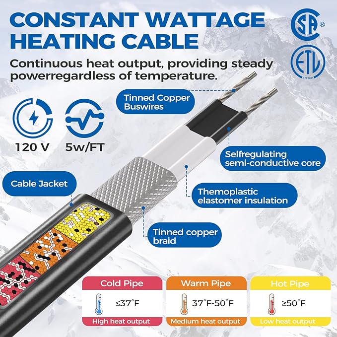 5W/FT 120V Pipe Heat Tape 30FT (3FT-200FT) - Freeze Protection Heating Cable for Metal/Plastic Water Pipes, Maintains Flow at -40°F