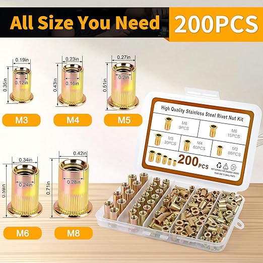 Metric Rivet Nut Assortment Kit, 200Pcs Carbon Steel SAE Rivet Nut, M3 M4 M5 M6 M8 UNC Flat Head Rivnut Set, Threaded Insertion Nut Sets for Automotive, Mechanical and Other Equipment