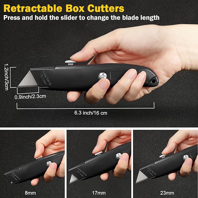 Reginary 30 Pcs Box Cutter Bulk Retractable Blade Utility Knife Heavy Duty Aluminum Alloy Razor Shell Knife for Cartons, Cardboard and Boxes, DIY, Factory, Home(Black)