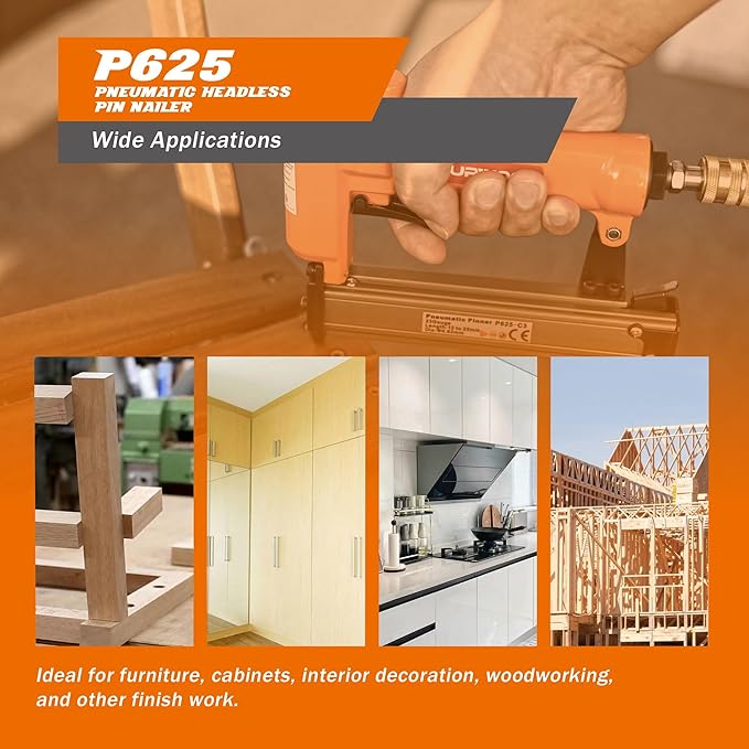 P625 Pneumatic 23 Gauge Headless Pin Nailer, 1/2-Inch to 1-Inch Leg Length Air Powered Micro Pinner for Furniture, Cabinets, Interior Decoration