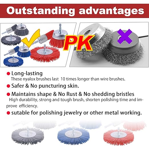 Rocaris 10 Pack Nylon Filament Abrasive Wire Brush Wheel & Cup Brush Set with 1/4 Inch Hex Shank, for Removal of Rust/Corrosion/Paint