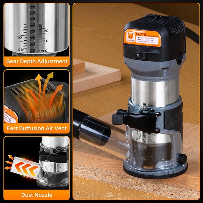 FoxAlien 1HP 710W 65mm Diameter Compact Palm Router for CNC Woodworking,6 Variable Speeds Max 30000 R/MIN Wood Trimmer with 1/4” Collet (110V)