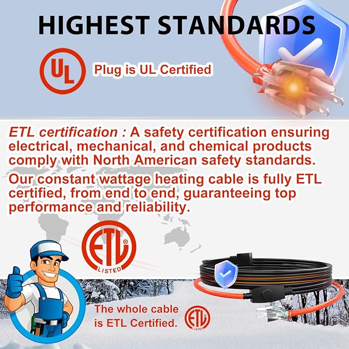 HEATIT Electric Heating Cable Automatic Heat Tape Pipe Freeze Protected Heated Cable PVC Pipe Heater 6 Feet