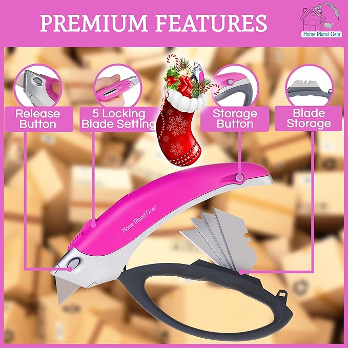 Pink Box Cutter Retractable Utility Knife - Two Pack Heavy Duty Cardboard Carton Cutter Opener Retracting - with 5 Sharp Utility Razors