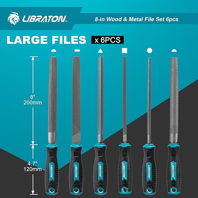 Libraton 6PCS Metal File Set, Metal Files, Metal Files for Steel, 5 Metal Rasp Files, 1 Wood File, 8" High-Carbon Steel Files with Rubber Handle, for Metalworking & Woodworking