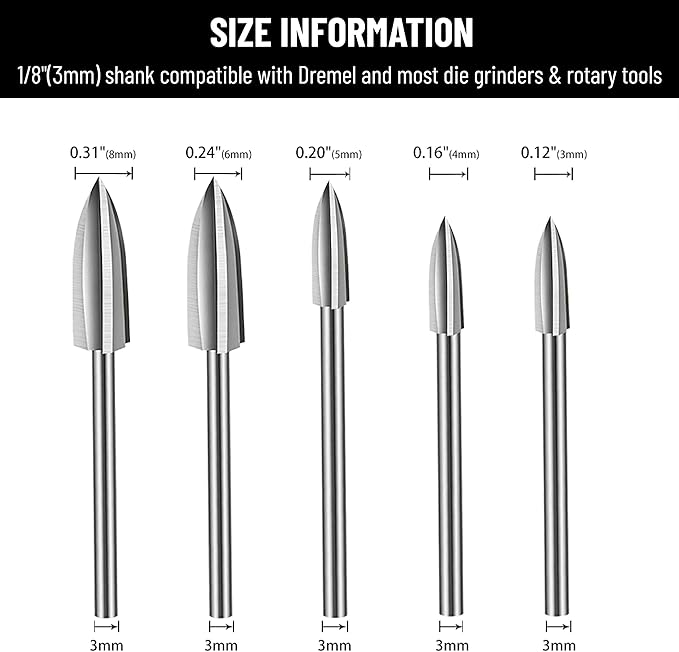 Wood Carving Tools, 5 PCS HSS Engraving Drill Bit Set Wood Crafts Grinding Woodworking Tool 1/8” Shank Universal Fitment for Rotary Tools