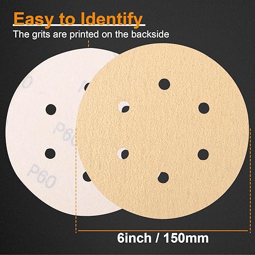 80 PCS 6 Inch Sanding Discs 60 Grit, 6 Hole Hook and Loop Round Sandpaper for Random Orbital Sander