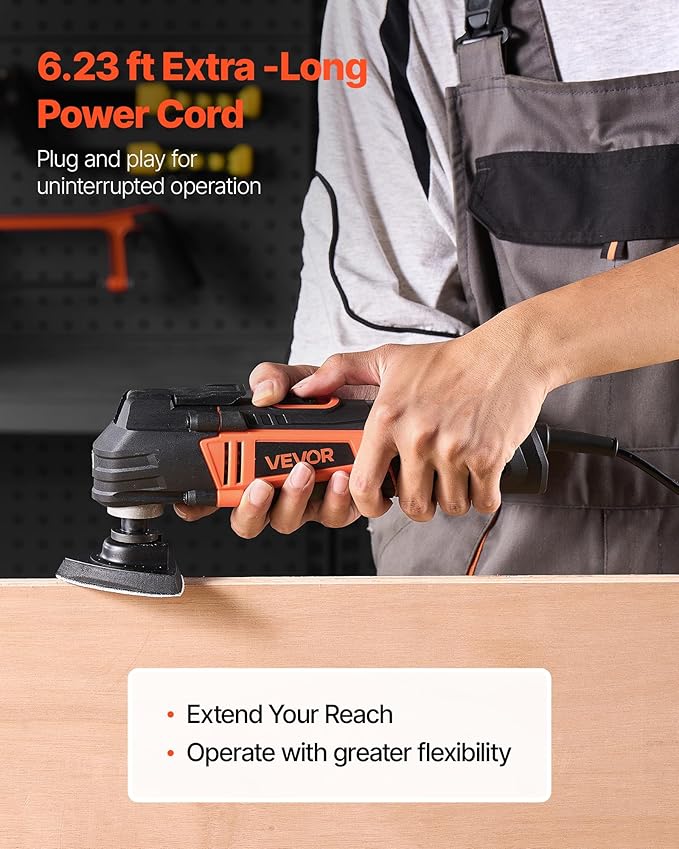VEVOR Multitool Oscillating Tool, 3Amps Corded Oscillating Multi Tool with 6 Variable Speeds 15000-22000 OPM, 3.2° Oscillating Angle, 13PCS Saw Accessories, LED Work Light & Tool Bag