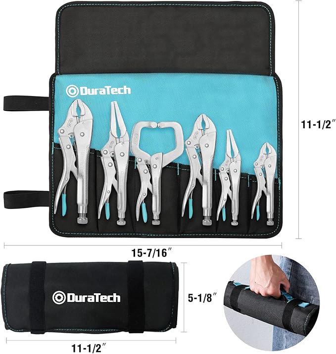 DURATECH 6-Piece CR-V Pliers Set - 6-1/2', 9-1/2' Long Nose, 5', 7' & 10' Curved Jaw, 6' C-Clamp, Fast Release with Oxford Rolling Pouch