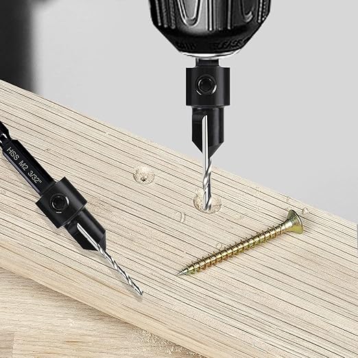 5-pc #12 Countersink Drill Bit Set, 3in1 Woodworking Counterbore Hole Saw Drill Bits, Depth Adjustable 9/64" M2 Pilot Drill Bits, 82-Degree Chamfer, 1/4” Hex Shank, 2 Allen Wrench