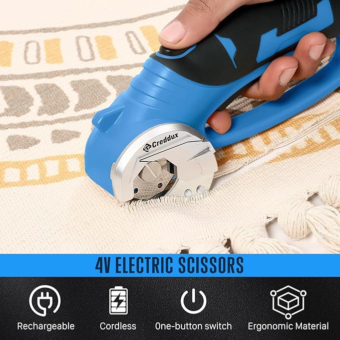4v Cordless Electric Scissors, Electric Box Cutter With LED Light and Safety Lock, Cardboard Cutter, Rotary Cutter for Cardboard Leather Carpet Plastic Blue
