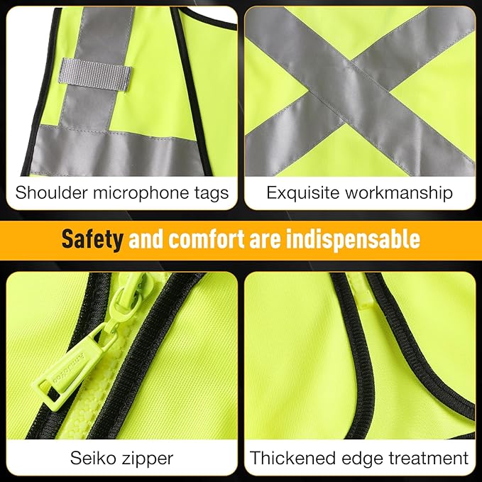 Class 2 Safety Vest with Zipper Front and multiple Pockets, High Visibility Vest, Meets ANSI/ISEA Standards
