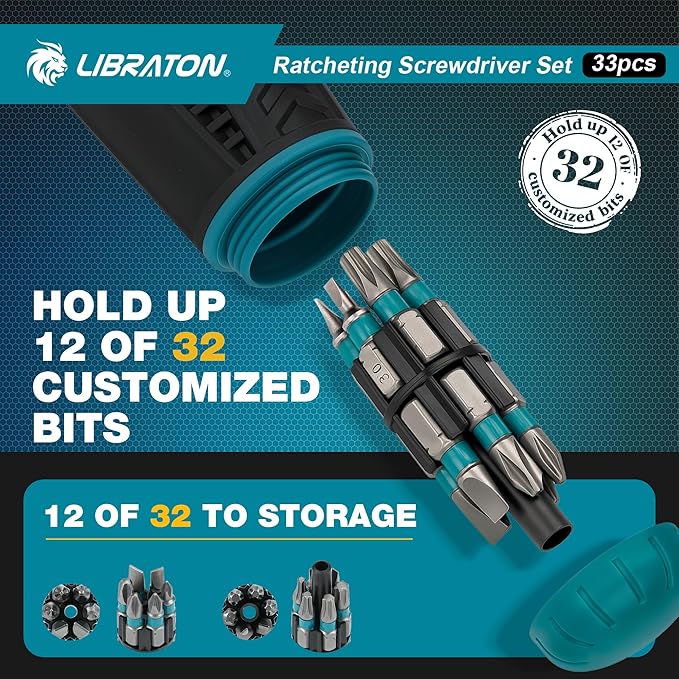 LIBRATON Ratcheting Screwdriver Set, Multi-bit Screwdriver Tool, 33-in-1 Magnetic Ratchet Screw Driver, Slotted/Philips/Pozi/Torx/Hex/Square Bits, Ergonomic Handle for Home, Auto & DIY
