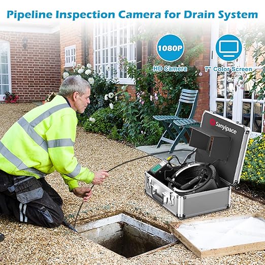 Sanyipace Sewer Camera 100FT/30M, 1080P FHD, Zoom in, Remote Control, Sapphire Lens, Battery Level Display, 12 Adjustable White LEDs, 7'' LCD Screen, Plumbing Pipe Drain Camera, 16GB TF Card