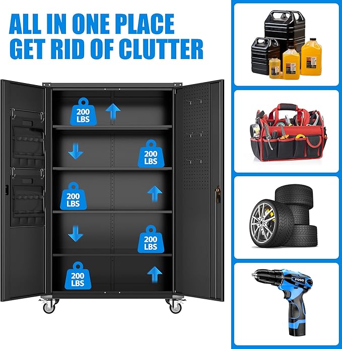 Aobabo Extra Large Garage Storage Cabinet on Wheels, Metal Storage Cabinet with 4 Shelves, 3 Pegboards and 2 Tool Pouches for Home Office Stash, Assembly Required, (Black,43.3''W x 21.9''D x 72''H)
