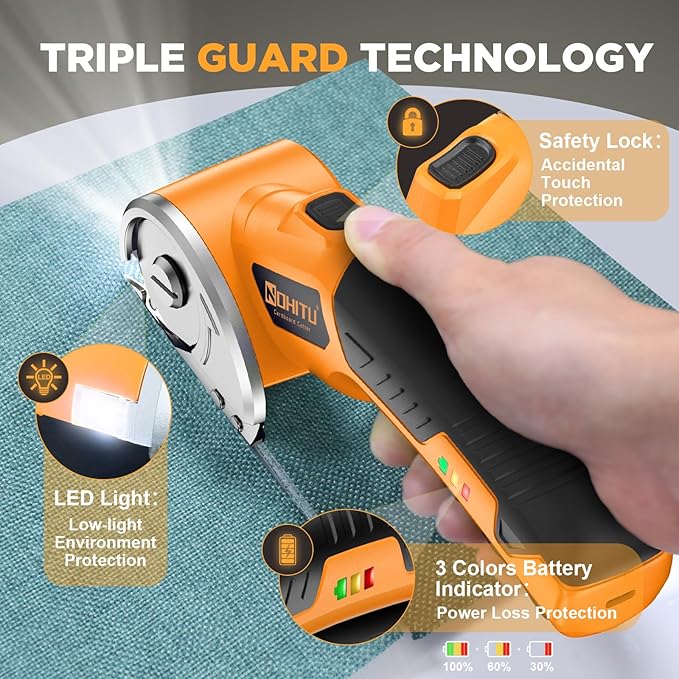Cordless Electric Scissors: 4V Rechargeable Rotary Cardboard Cutter, 3000mAh Battery, with LED Light, 2 Blades, Box Cutter for Fabric Carpet Carton Plastic Leather Cloth(Yellow)