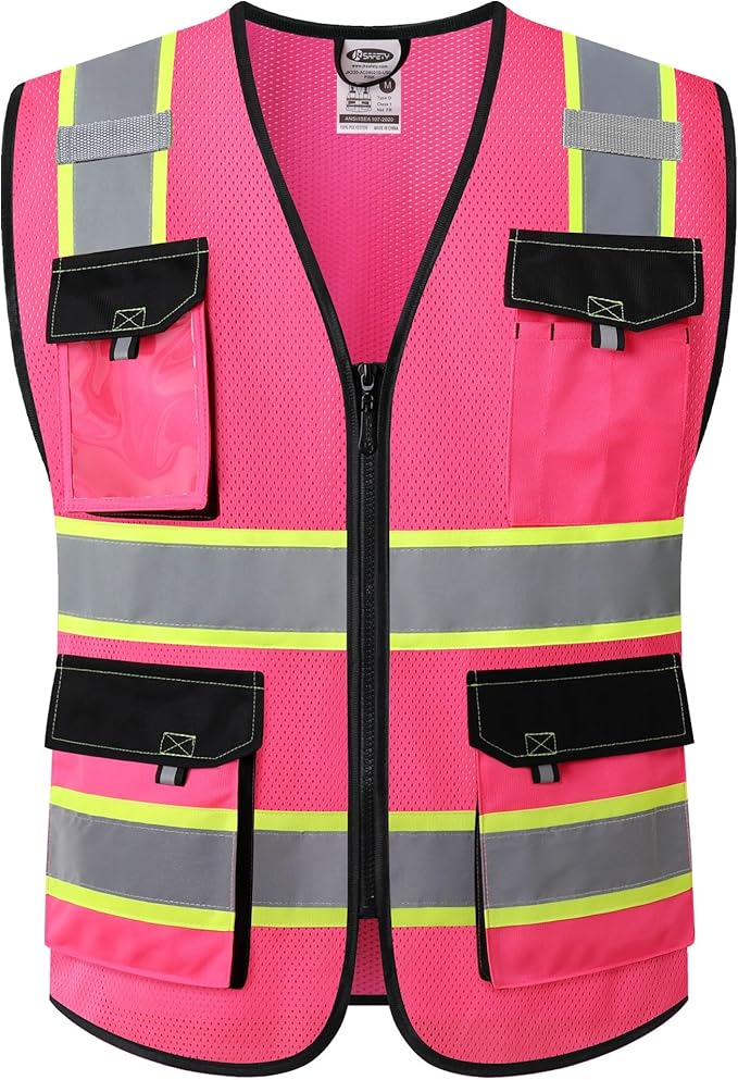 JKSafety Hi Vis Reflective Safety Vests for Men Women High Visibility Vest with Pockets Mesh Fabric Construction Safety Apparel Neon Vest for Work (220-Pink M)