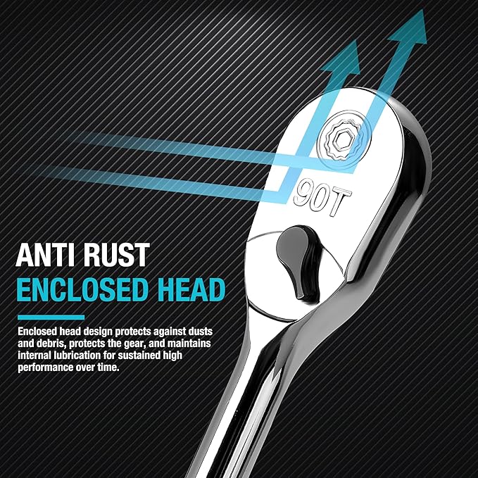 DURATECH Extra Long Handle 1/2-Inch Drive Ratchet, 90-Tooth Ratchet Wrench with 15" Handle and Dust Proof Teardrop Enclosed Head, Reversible, CR-V Steel Made, CR-MO Head, Full Polished, Gifts for Men