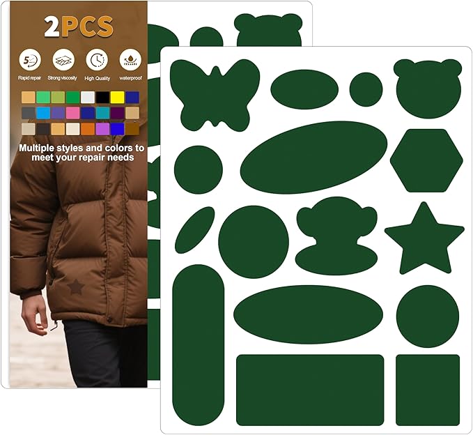 Azobur Down Jacket Repair Patches-Waterproof, Self-Adhesive,Nylon Fabric Patches for Puffy Jackets, Rain and Snow Gear, Tents, Sleeping Bag and More(Dark Green，2pcs)