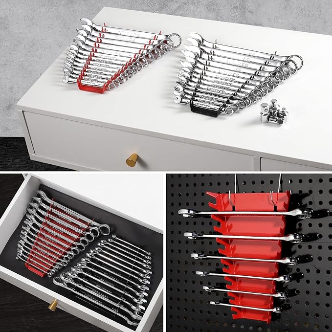 ALOANES 52-Slot Metal Wrench Organizer, Heavy Duty Hanging Wrench Organizer Tray for Tool Box&Wall, Fit SAE & Metric Wrench Storage, 4 Pack Wrench Holders (Red&Black)