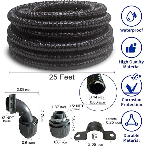 (1/2" Dia * 25 Feet) Yariwiz Black Special Extra Flexible Electrical Conduit Liquid Tight PVC Conduit Kit with 3 PCS Coupling, 3 PCS Elbow and 7 PCS Strap, Sealtight Seal Flex Liquidtight Wire