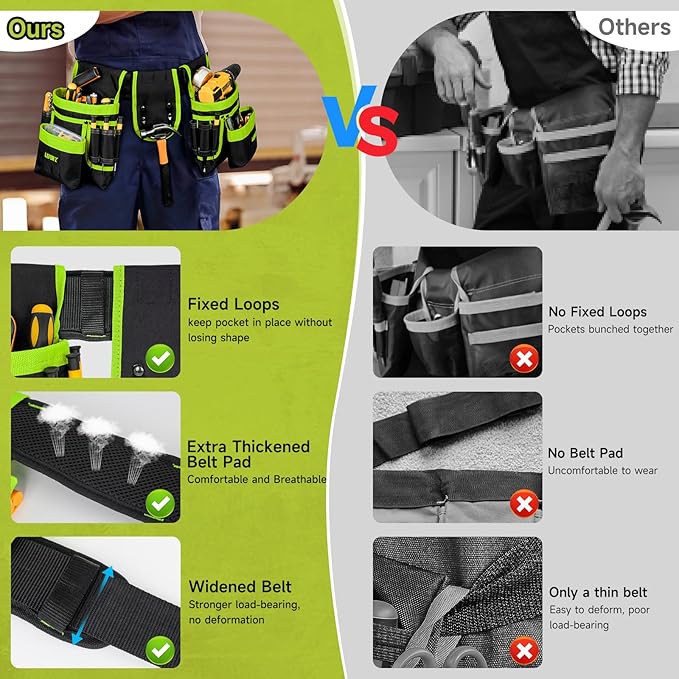 Tool Belt,Magnetic Tool Pouch,27-Pockets Heavy Duty Padded Tool Belts for Men,Detachable & Adjustable Tool Pouch Bag for Electrician,Carpenter,Construction,Work Apron,Utility Belt,Black,Green
