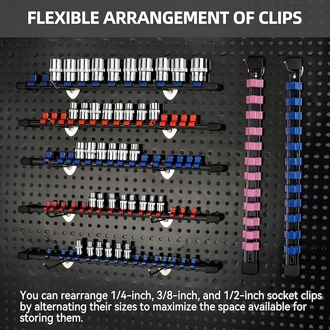 Socket Organizer Drive ABS Tools - Pink Socket Holder, Premium Quality 12 Pieces Socket Holders Kit 1/4-Inch x 64 Clips, 3/8-Inch x 60 Clips, 1/2-Inch x 48 Clips（12PC,Pink)