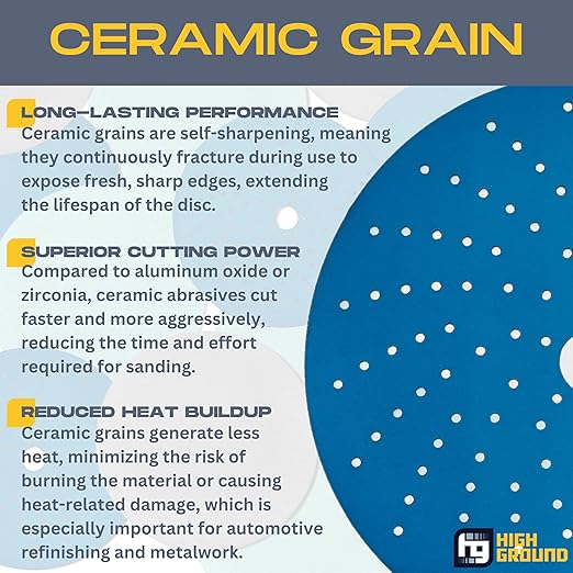 High Ground 6 Inch Multi-Hole Hook and Loop Clean Sanding Disc, Ceramic Abrasive, Dust-Free, High Performance, Long Lasting - 50pcs (Blue, 6 Inch, 80.0, Medium)