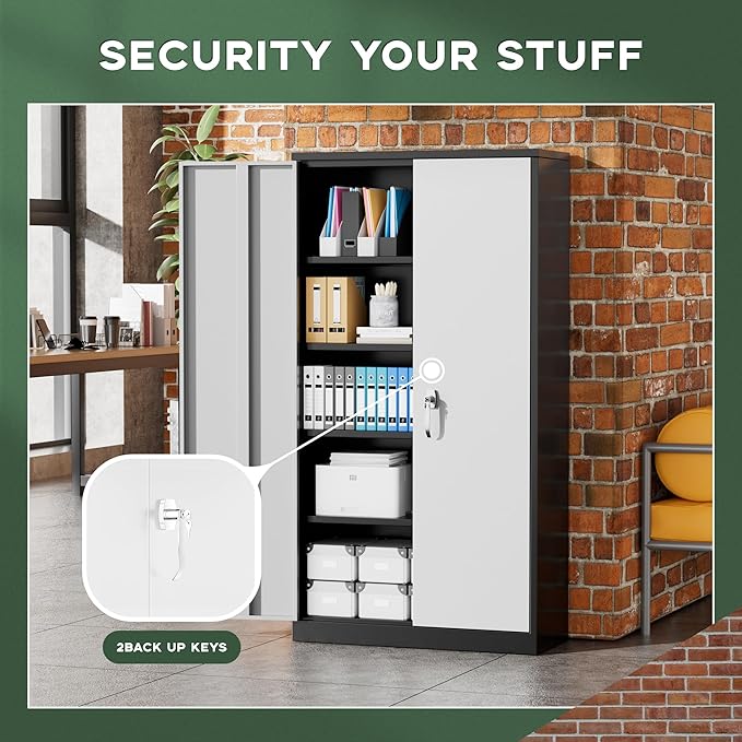 Greenvelly Metal Garage Storage Cabinet, 72" Black Gray Tool Steel Locking Cabinet with Doors and 4 Shelves, Tall Cabinets for Garage Storage Systems Lockable File Cabinet for Home Office,Garage